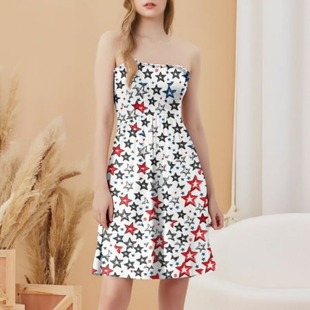 CHCNHAC Summer Dresses for Women 2025 4th Of July Patriotic Dresses Red White and Blue Graphic Casual Flowy Swing Strapless Tea Party Dress Deep Red 2XL