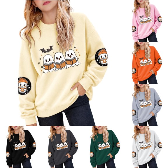 XAOFW Girls Halloween Sweatshirt Ghost Bat Printed Long Sleeve Crew Neck Sweatshirts Autumn Winter Cozy Graphic Pullover For Toddler Kids Trendy Tops 2-3 Years
