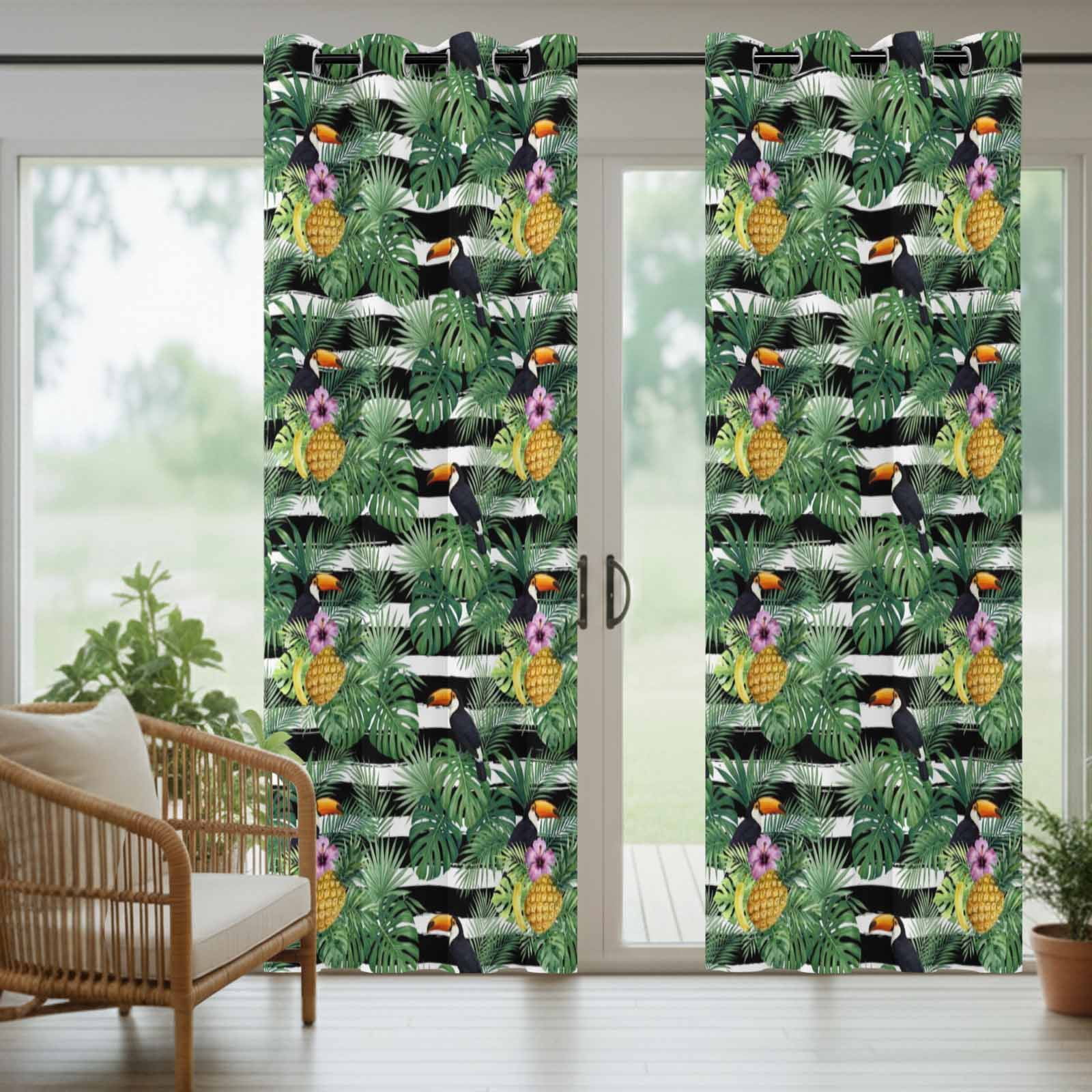 Summer Black Bird Outdoor Curtains for Patio, Pineapple Green Leaf Tropical Plant Pink Flower Striped Sunshade Privacy Drapes Grommet Waterproof Outside Curtains for Porch Balcony 54"x108", 1 Panel