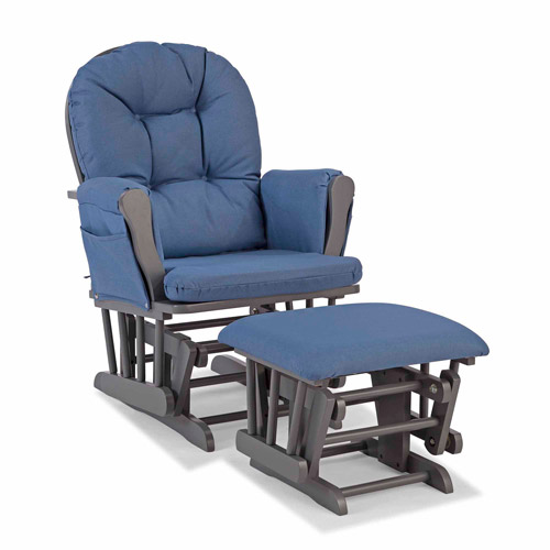 Storkcraft Hoop Glider and Ottoman Gray with Blue Denim Cushions