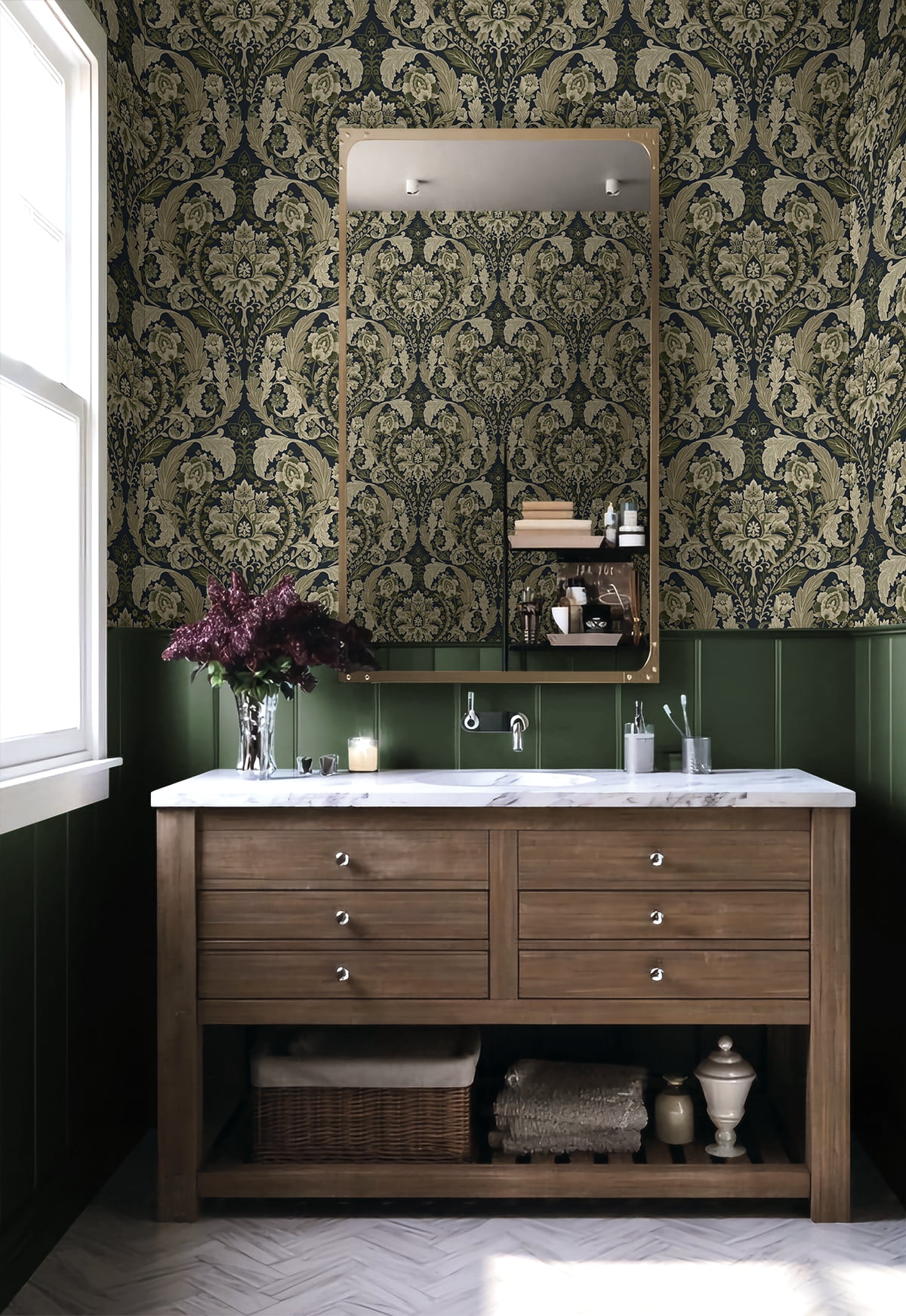 Harry & Grace Deep Sea Thornton Vintage Damask Peel and Stick Wallpaper - 20.5 in. W x 18 ft. L Roll