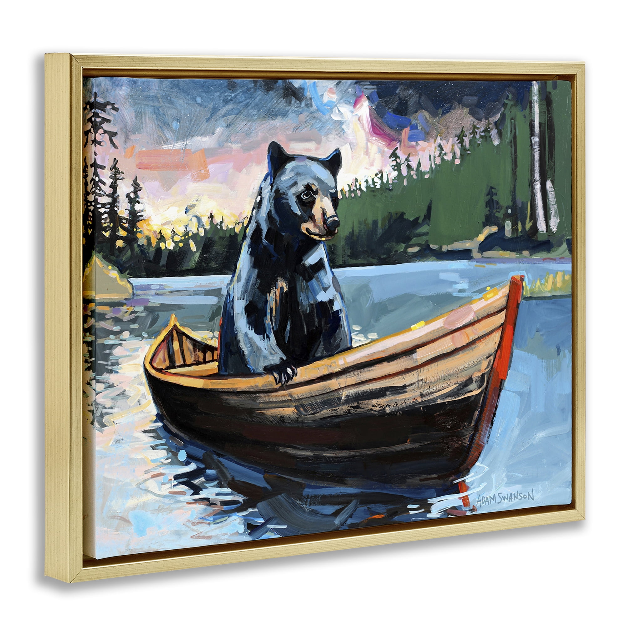 Stupell Industries Boating Black Bear Animals Painting Gold Floater Framed Canvas Art Print Wall Art, 21 x 17