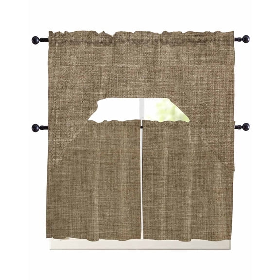 Vintage Brown Kitchen Curtains Set for Windows 3 Piece Cafe Curtains 36 Inch Length Swag Curtains Valances and Tier Set Farmhouse Retro Dark Solid Color Linen Texture Drapes for Bedroom Bathroom