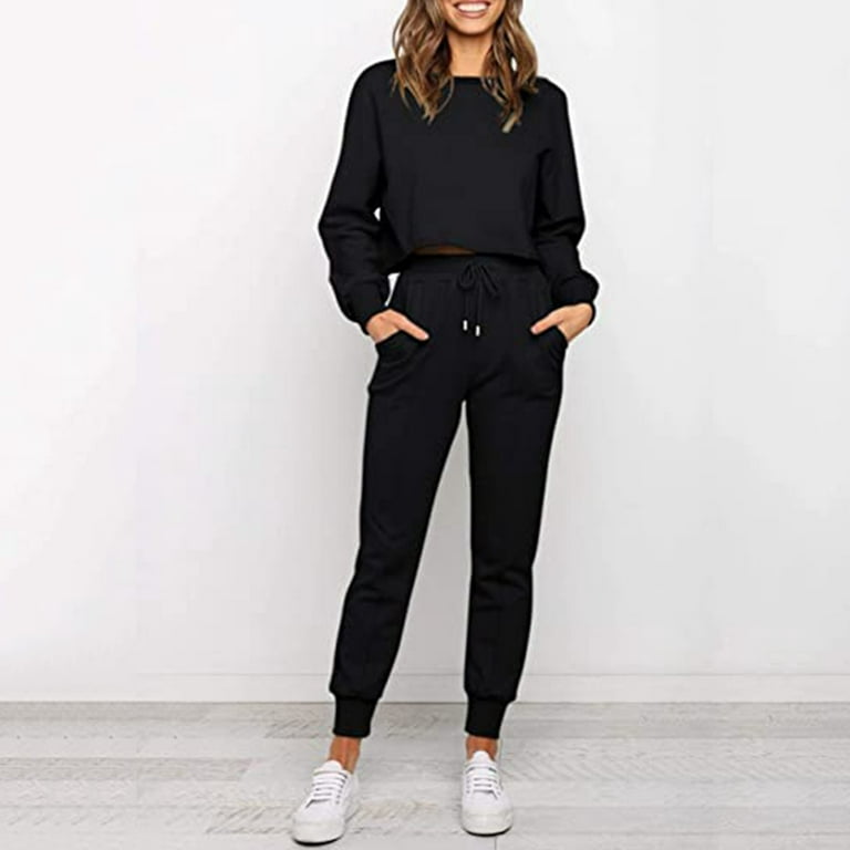 Women's Fashion Casual Outfits Clothes Set Long Sleeve 2 Piece Solid Color  O Neck Tops Pants Sports Women Trendy Stylish Clothing Suits Female Leisure  Elegant Loungewear 