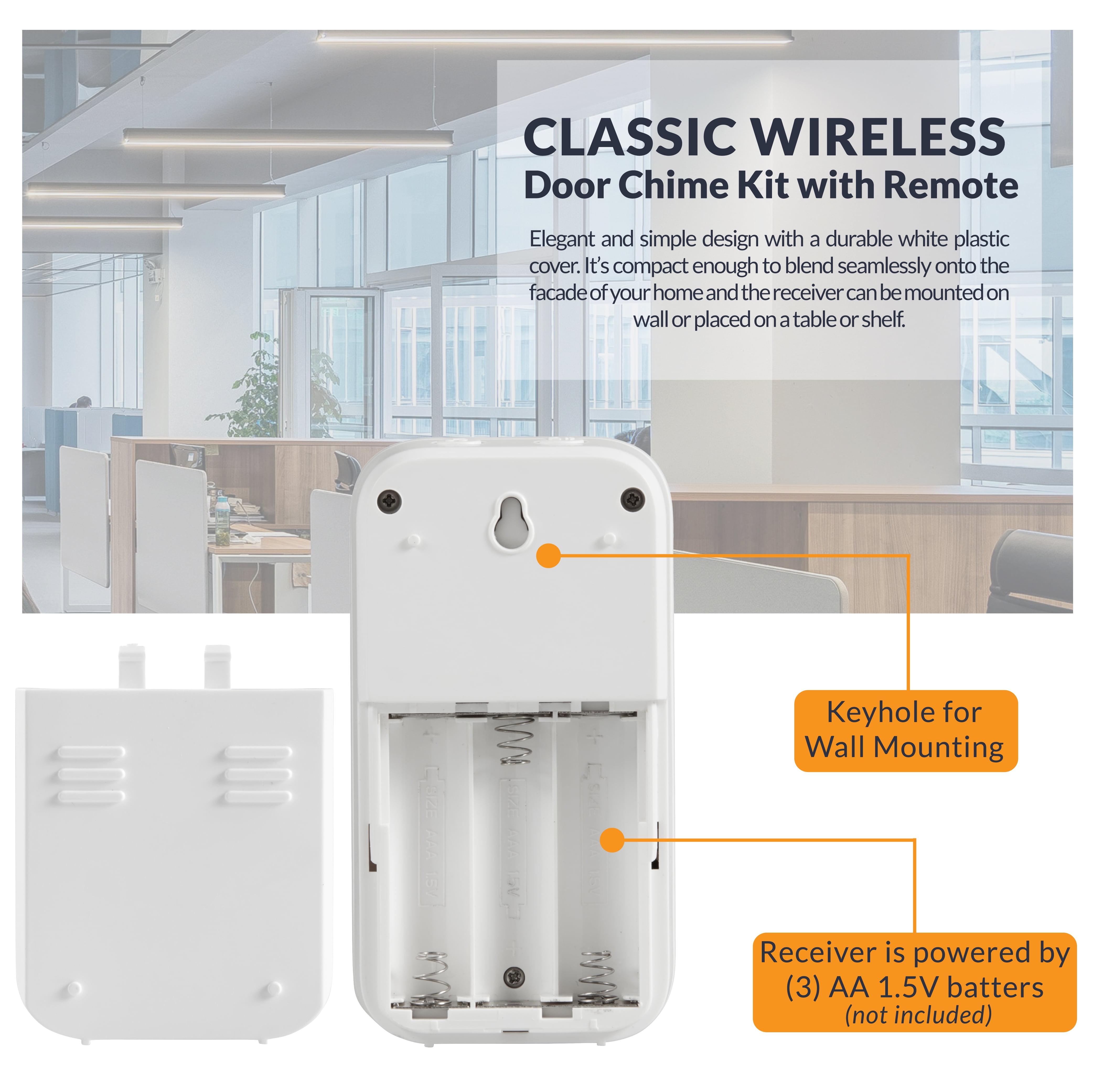 Newhouse Hardware WCMB Wireless Door Chime Kit with Remote, 250 ft. Operating Range, Push Button, 32 Chimes, Adjustable Volume, White