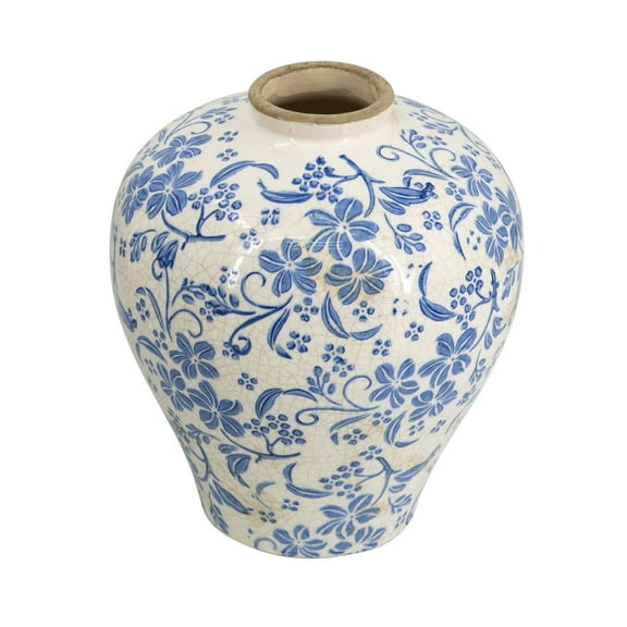 A&B Home Round Ceramic Vase with Blue Floral Design 7.7" x 7.7" x 9.1"