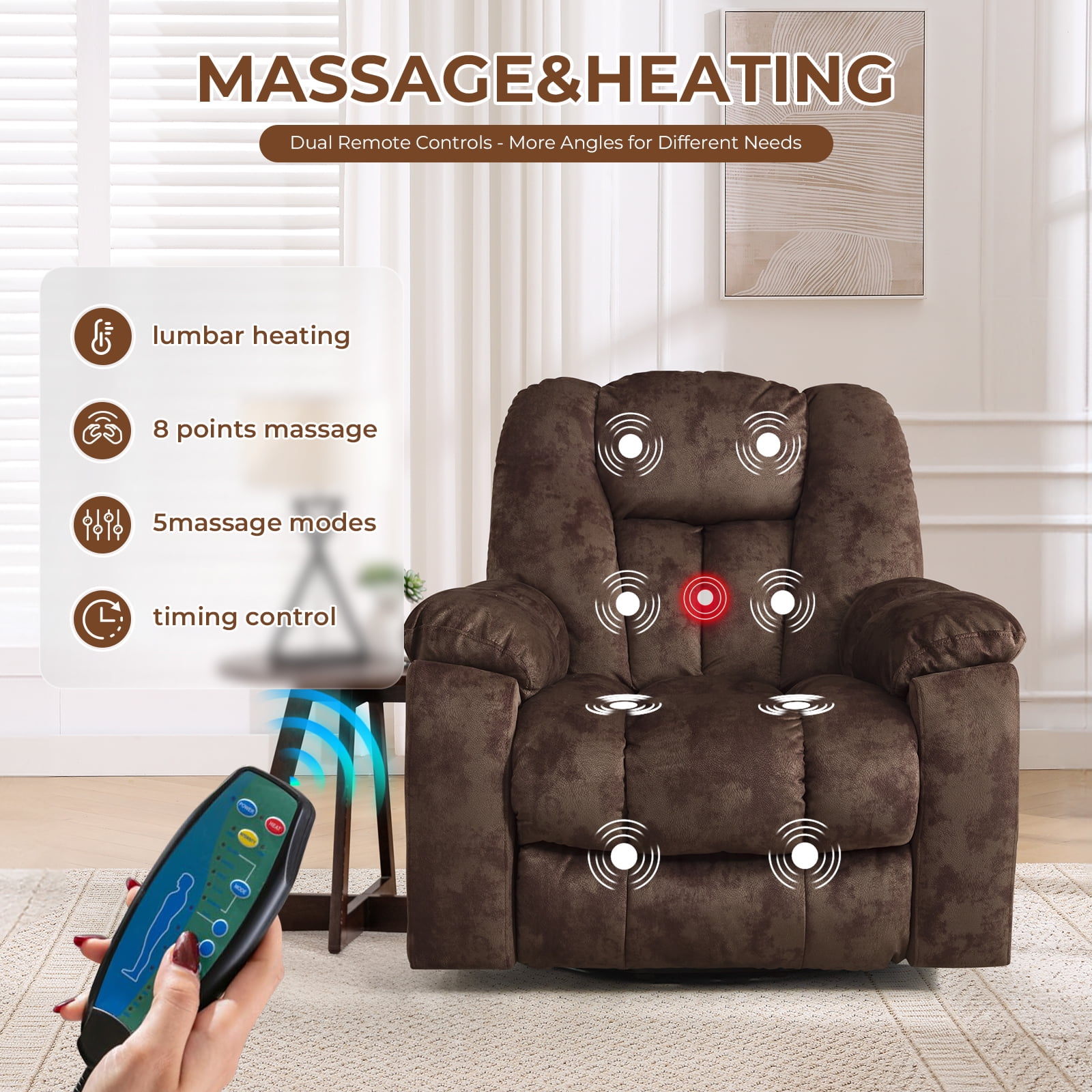Ebello Large Power Lift Recliner Chair with Heat Massage, USB Ports - Ergonomic Recliner Chair for Elderly, Dark Brown
