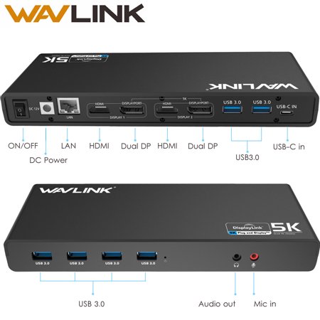 WAVLINK USB 3.0 Universal Laptop Docking Station,USB C to 5K/ Dual 4K @60Hz Video Outputs Dual Monitor for Windows and Mac,(2 HDMI & 2 DP, Gigabit Ethernet, 6 USB 3.0,Audio )