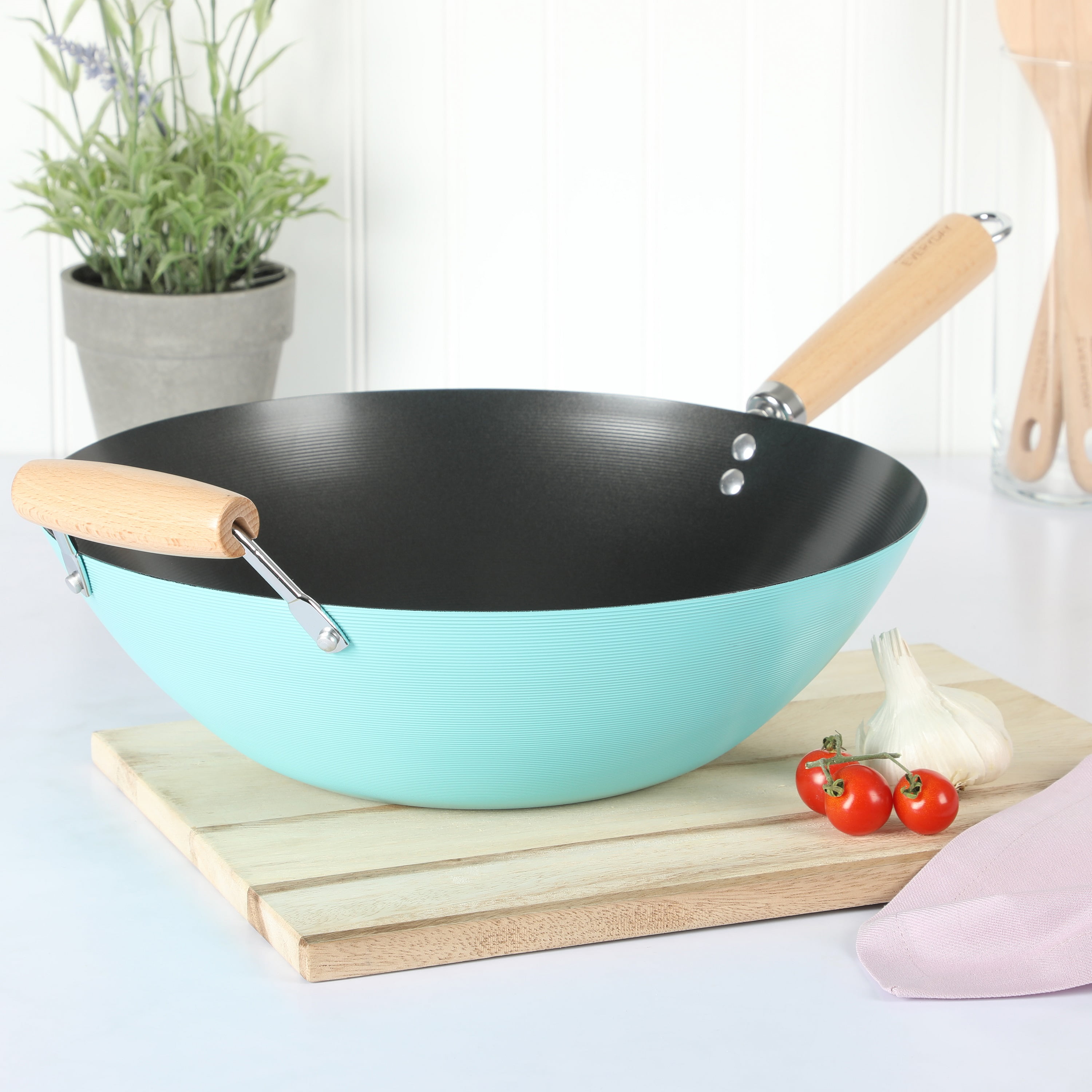 Martha Stewart Everyday Clarkston 14-inch Teal Carbon Steel Wok