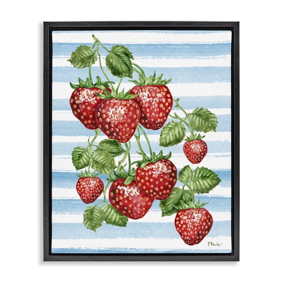 Stupell Industries Farmhouse Juicy Strawberry Vine on Stripes Black Floating Frame Canvas Art, 17 x 21, by Paul Brent