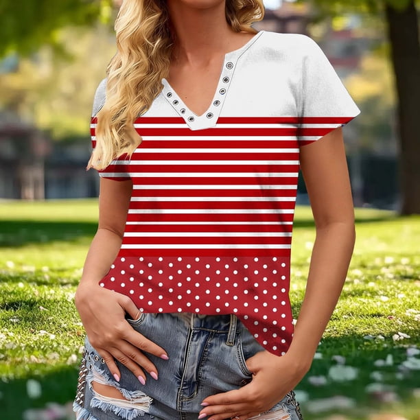 TaTaai Ladies Spring Summer Fashion V-Neck Tee Cotton Blend Relaxed Fit Short Sleeve Snap Button Detail Scattered Print Casual Daily Streetwear Breathable Women Top Gift