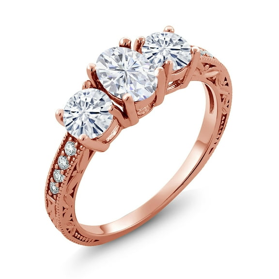 Gem Stone King 18K Rose Gold Plated Silver 3-Stone Ring Set with Moissanite (2.02 Cttw) (Size 8)