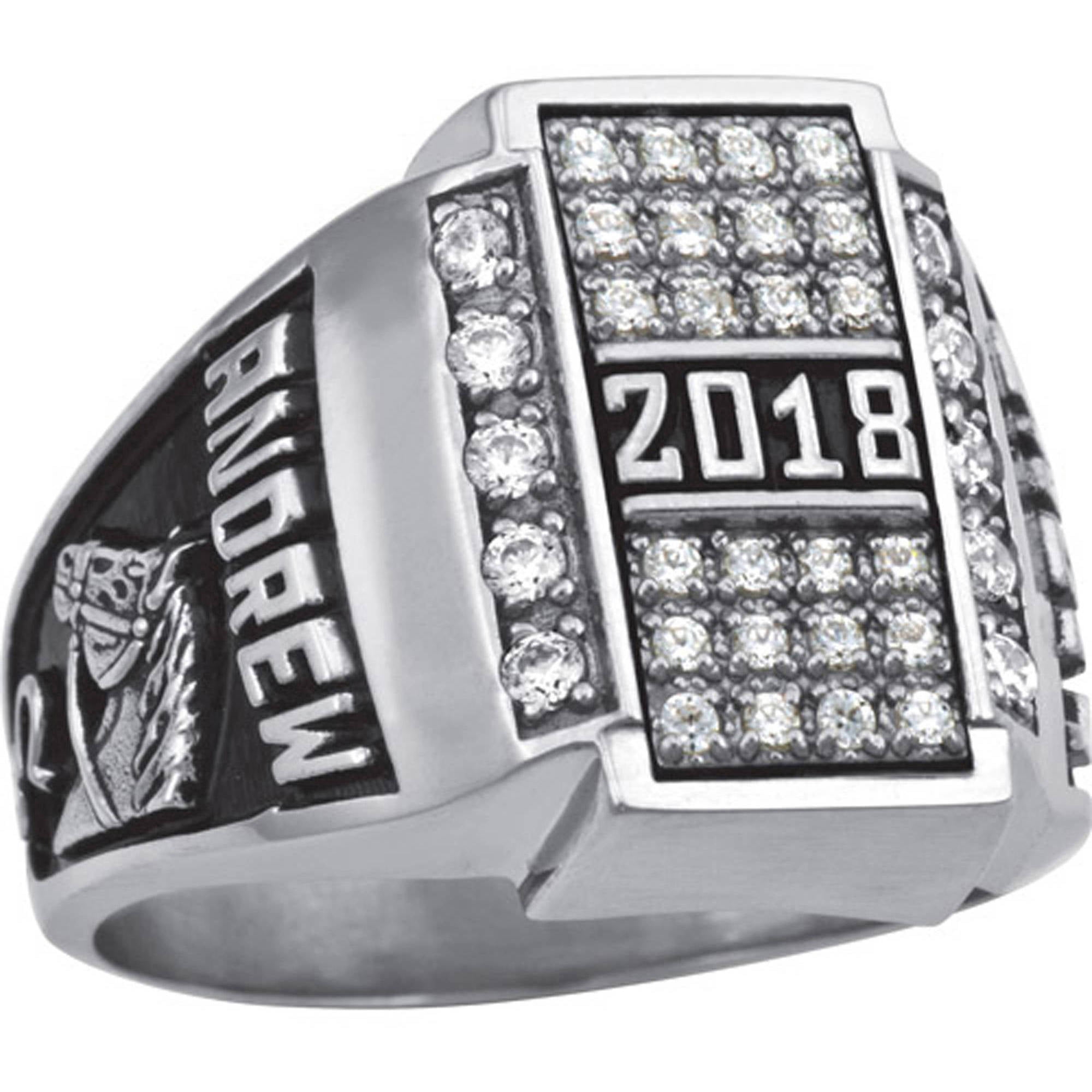 Personalized Men's Crest CZ Pave Top Class Ring available in Valadium, Silver Plus, 10kt and 14kt Yellow and White Gold