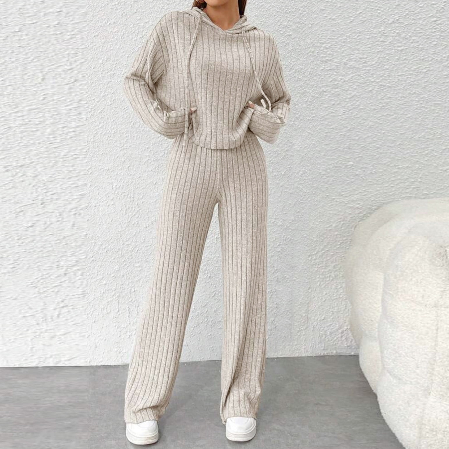 Posijego Womens Two Piece Sweater Set Knit Hooded Pullover Top Wide Leg Pants Matching Sweatsuit Lounge Set