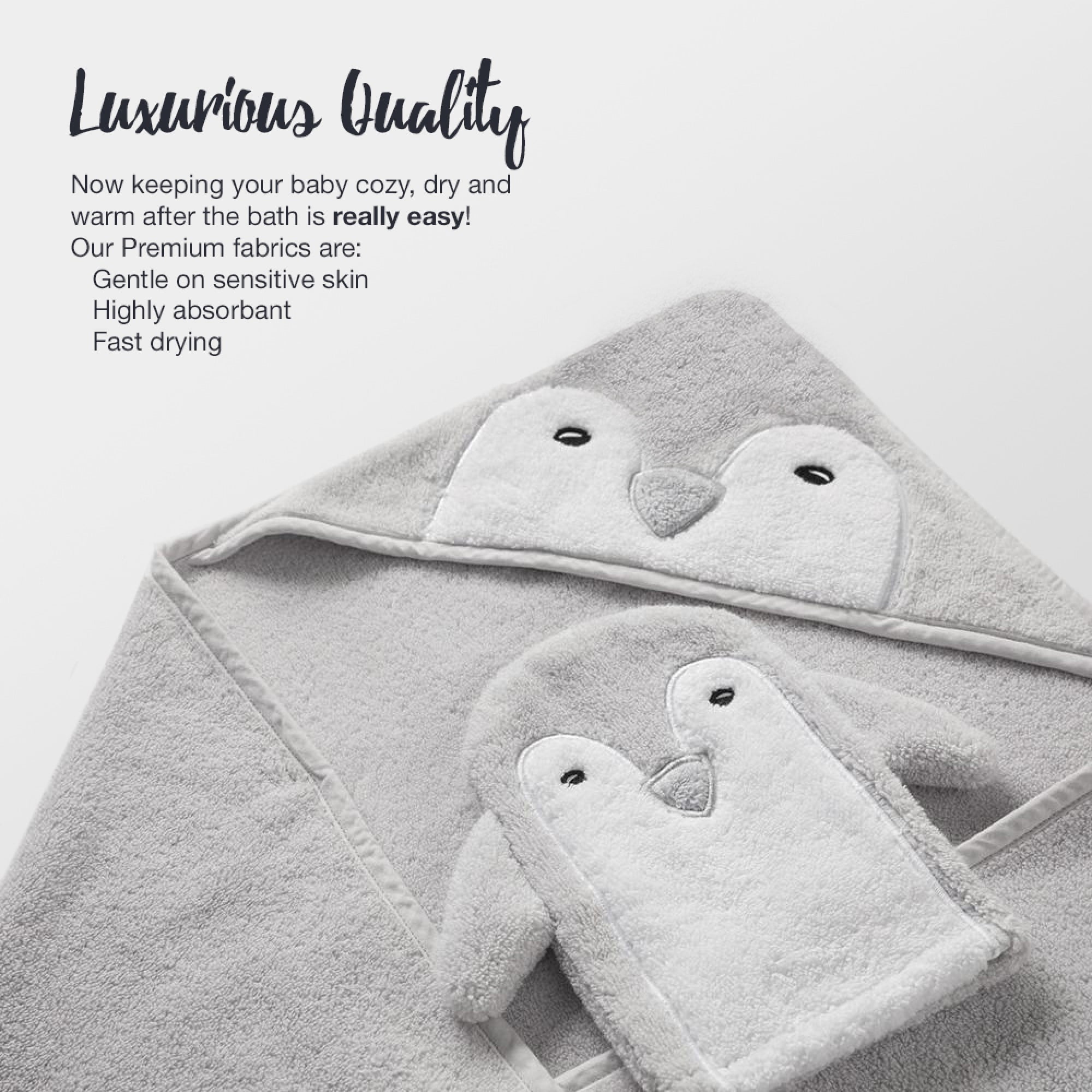 Happy & Sweet Personalized Hooded Baby Towel Organic Bamboo Baby Shower Gift Boy Girl Penguin Toy
