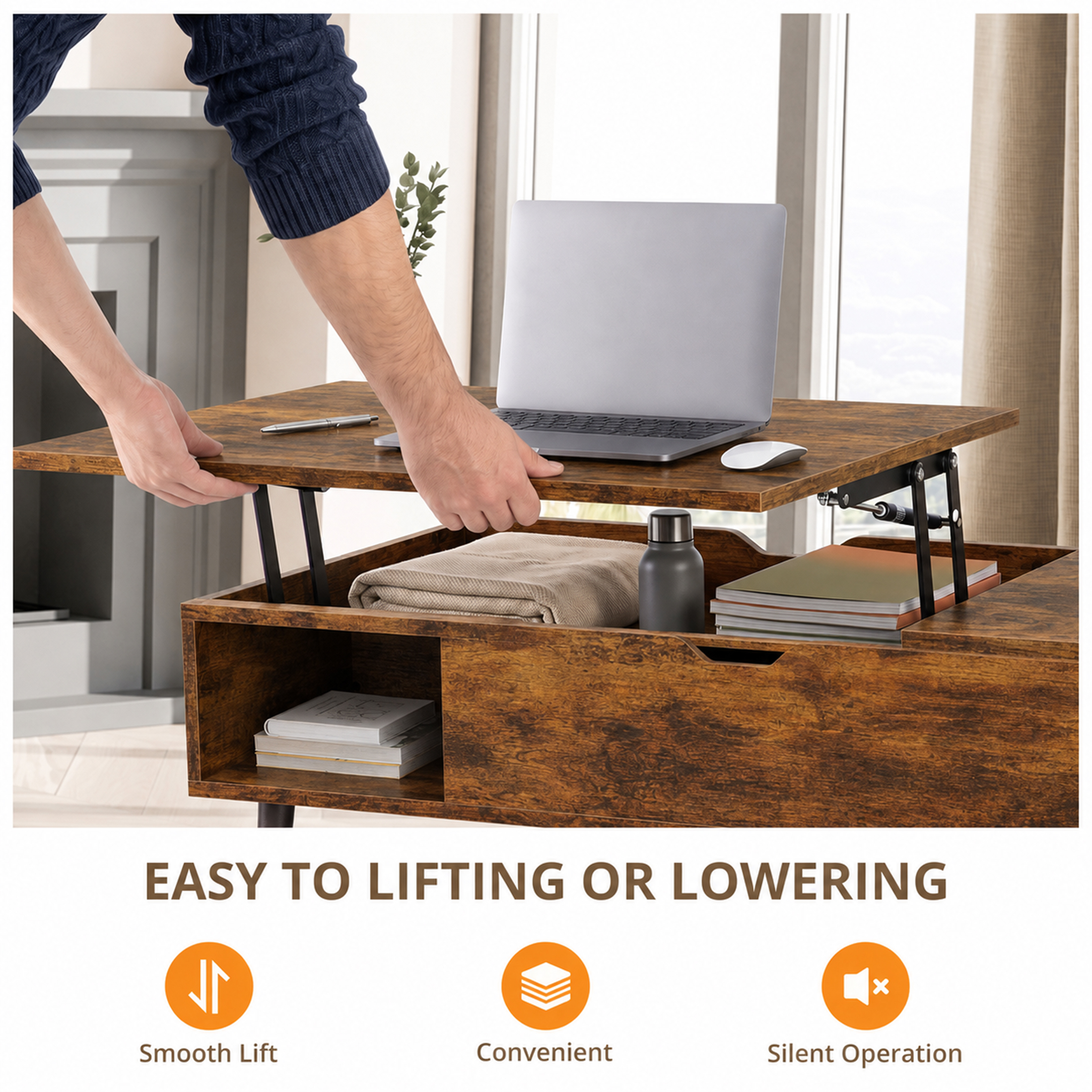 Edx Adjustable Height Lift-Top Coffee Table, Rust Brown photo 7