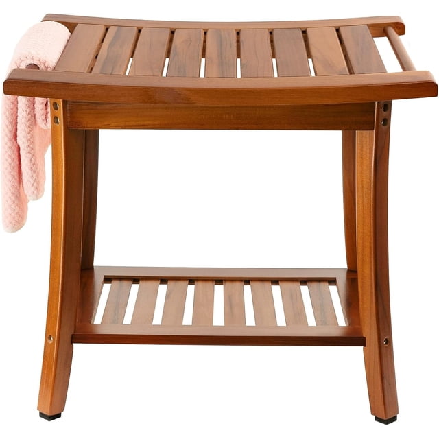Wooden Shower Bench, 2-Tier Teak Bathroom Stool with Storage Shelf, 300 lbs Capacity, Natural Finish