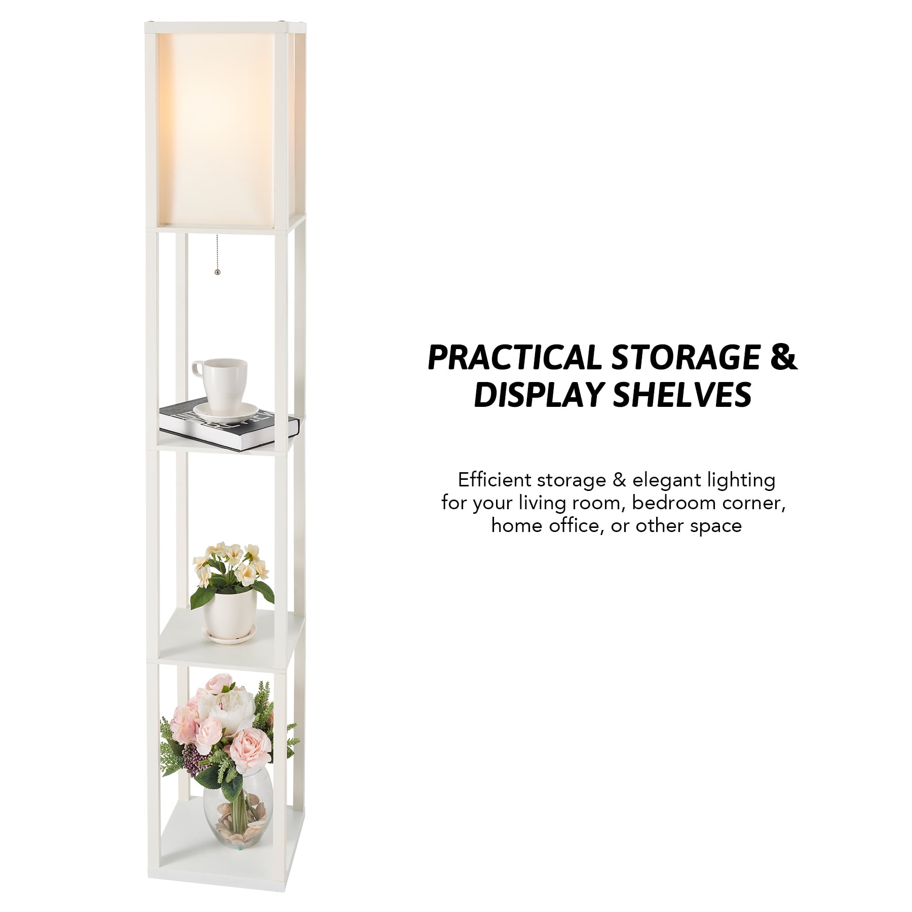 Bestco 63" Floor Lamp for Living Room Standing Lamp with 3 Wood Shelves ...