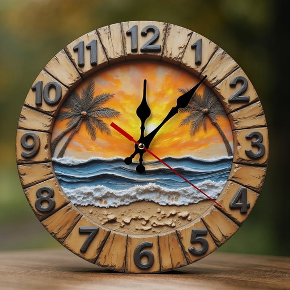 Wall Clock Decorative - Vintage Tropical Beach Sunset Print 2D Vintage Wall Clocks Battery Operated Silent Non-Ticking for Bedroom, Living Room, Kitchen, Office, Classroom, 10 Inch