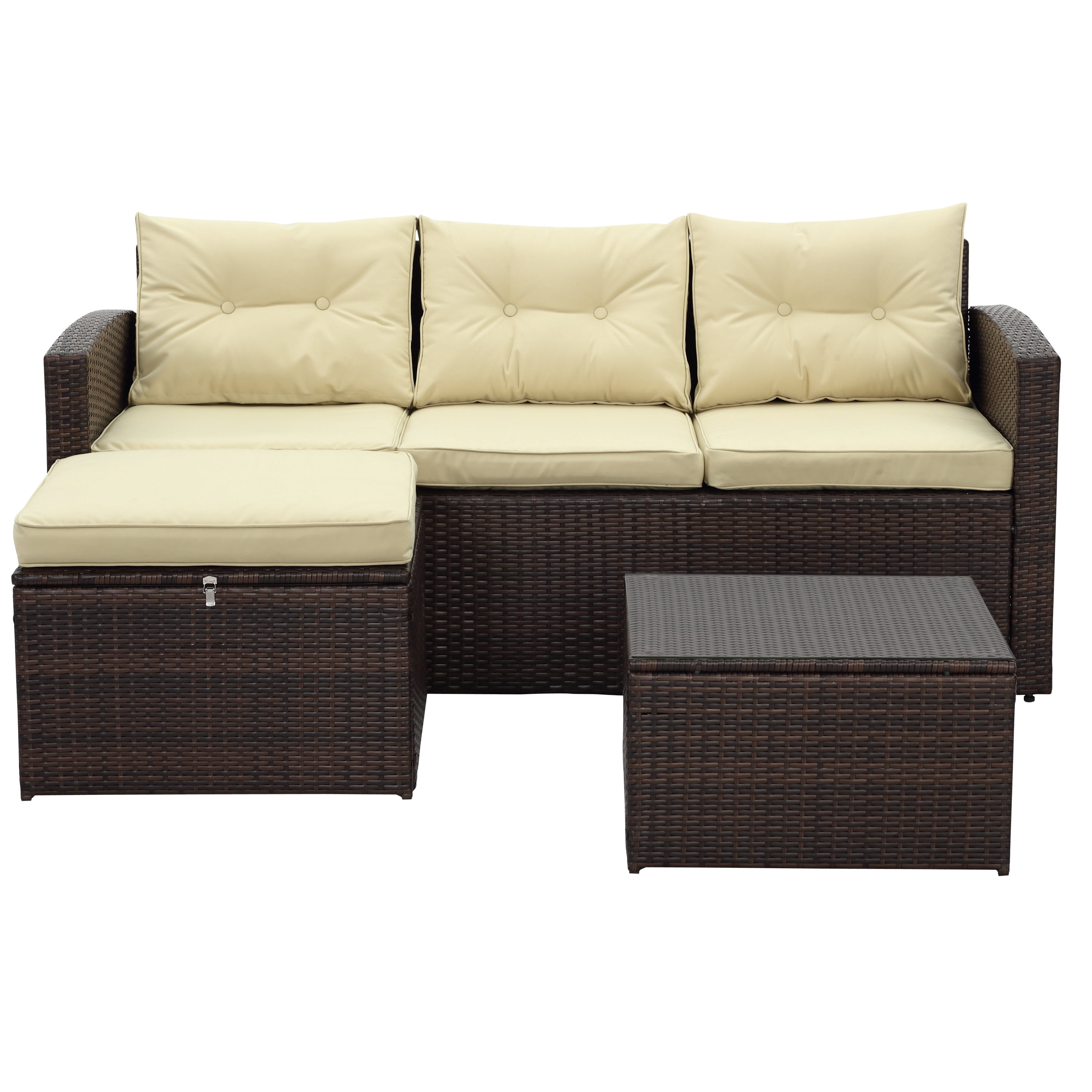 Incadozo 3-Piece All-Weather Wicker Conversation Set with Storage and Tan Cushions, Dark Brown