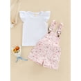 thumbnail image 2 of Bagilaanoe 2pcs Toddler Baby Girls Short Overalls Set Fly Sleeve T Shirt Tops + Floral Patterns Suspender Shorts 1T 2T 3T 4T 5T Kids Casual Summer Outfits, 2 of 9