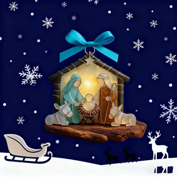 Christmas Nativity Scene Acrylic Pendant - Shatterproof Clear Acrylic Ornament, Detailed Mini Holy Family Birth Scene, Religious Home Accent, Loop for Xmas Tree & Mantel Decor, 3.94in, Yellow