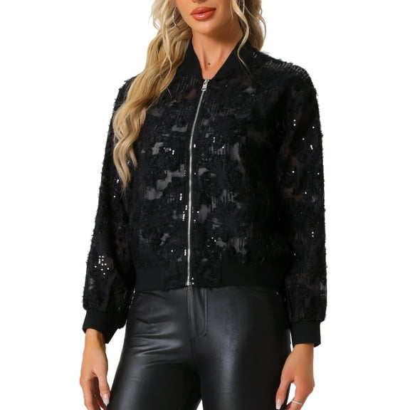 DARING DIVA Sequin Zipper Sparkly Party Bomber Jacket L Black
