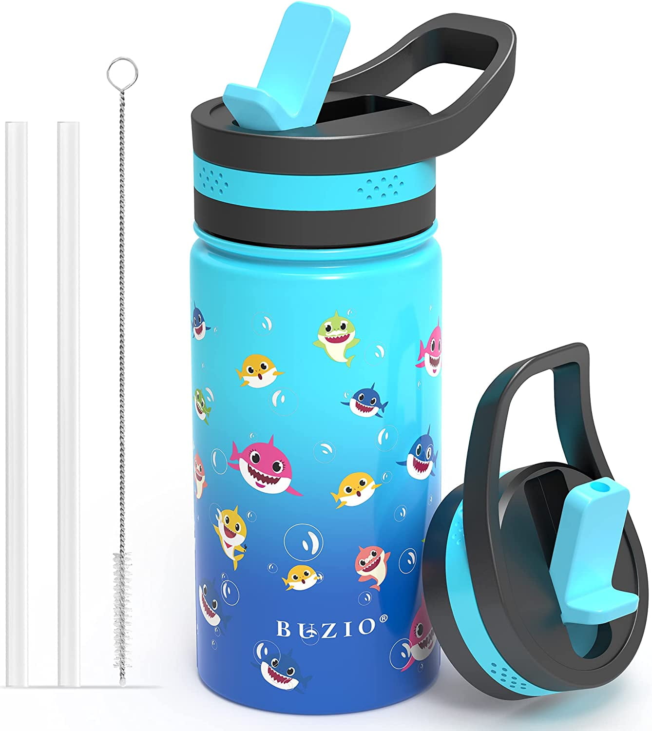 Buzio Insulated Water Bottle with Straw for Kids, 2 Lids Double Vacuum Metal Water Bottle, 14 Ounce, Blue Shark