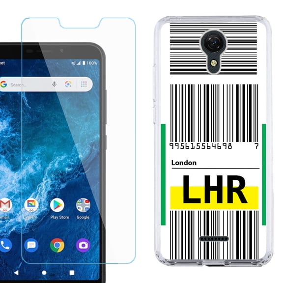 Slim-Fit Protective Phone Case compatible with Cricket Icon 2, with Tempered Glass Screen Protector, by OneToughShield ® - Airport Tag / London