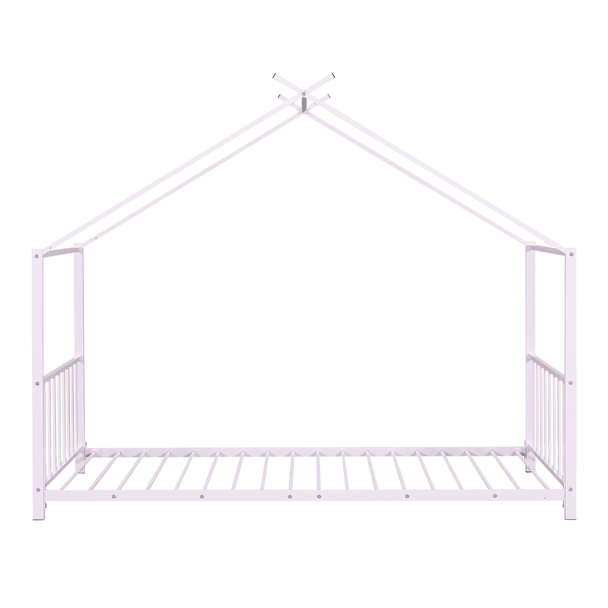 Kumix Twin Size House Floor Bed, Metal Floor Bed with Fence and Roof, House Bed for Teens, Playhouse Twin Bed Frame for Girls, Boys, Pink(Without Slats)