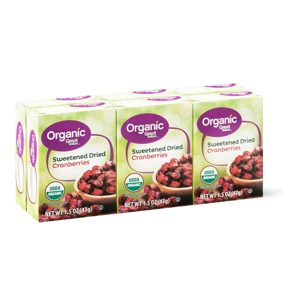 Great Value Organic Cranberries Sweetened Dried, 1.5 Oz., 6 Count