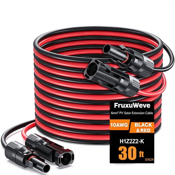 Solar Panel Extension Cable 30FT 10AWG, 6mm² Solar Extension Cable Wire with Female Male Waterproof Connectors for RV, Photovoltaic Systems