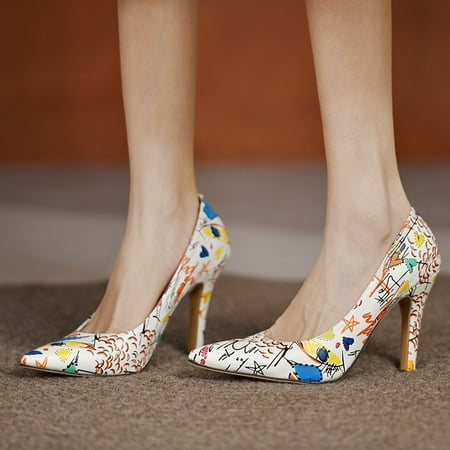 

High Heels Casual Graffiti Pumps Women s Closed Toe Stiletto Slip On Heeled Pumps Sandals PU leather Sexy Fashion