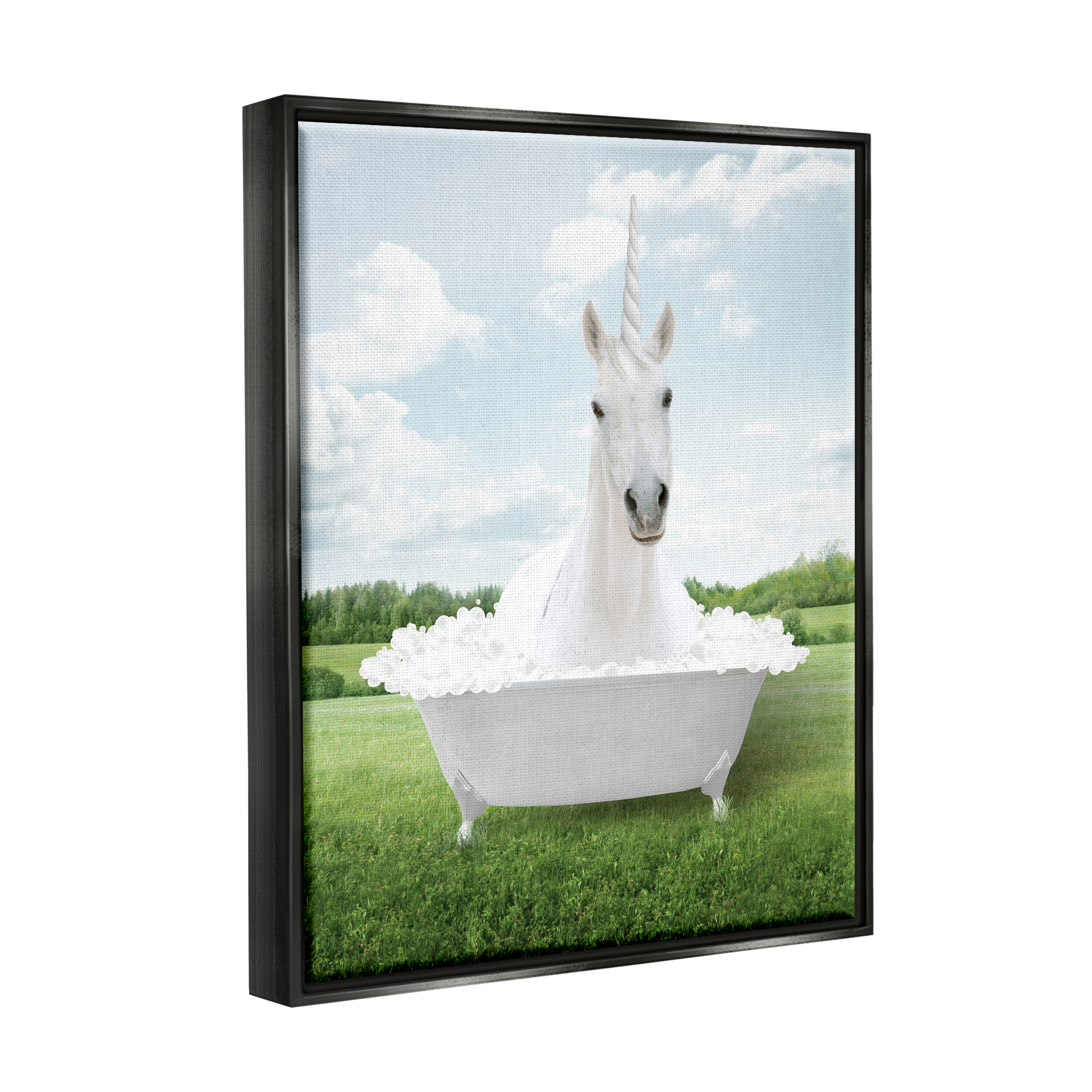 Stupell Industries Unicorn in Tub Landscape Nature Painting Black Floater Framed Art Print Wall Art, 17 x 21