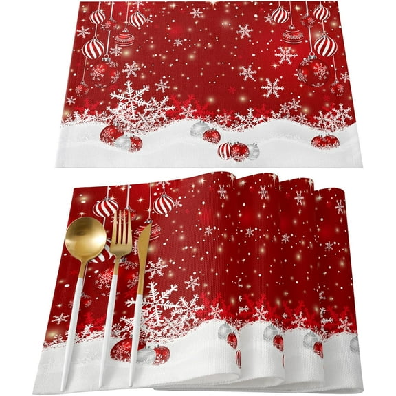 Merry Christmas Placemats Set of 6,Cotton Linen Table Mats Non-Slip Washable Xmas Ball Ornaments Snow Red Placemat for Holiday Party Dining Snowflake Kitchen Table Decor
