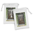 thumbnail image 1 of Rustic Fabric Pouch Set of 2, Spanish Style Dark Stained Wood Door Secret Garden with Grated Window Picture, Drawstring Bag for Toiletries Masks and Favors, 9" x 6", Brown Green, by Ambesonne, 1 of 2
