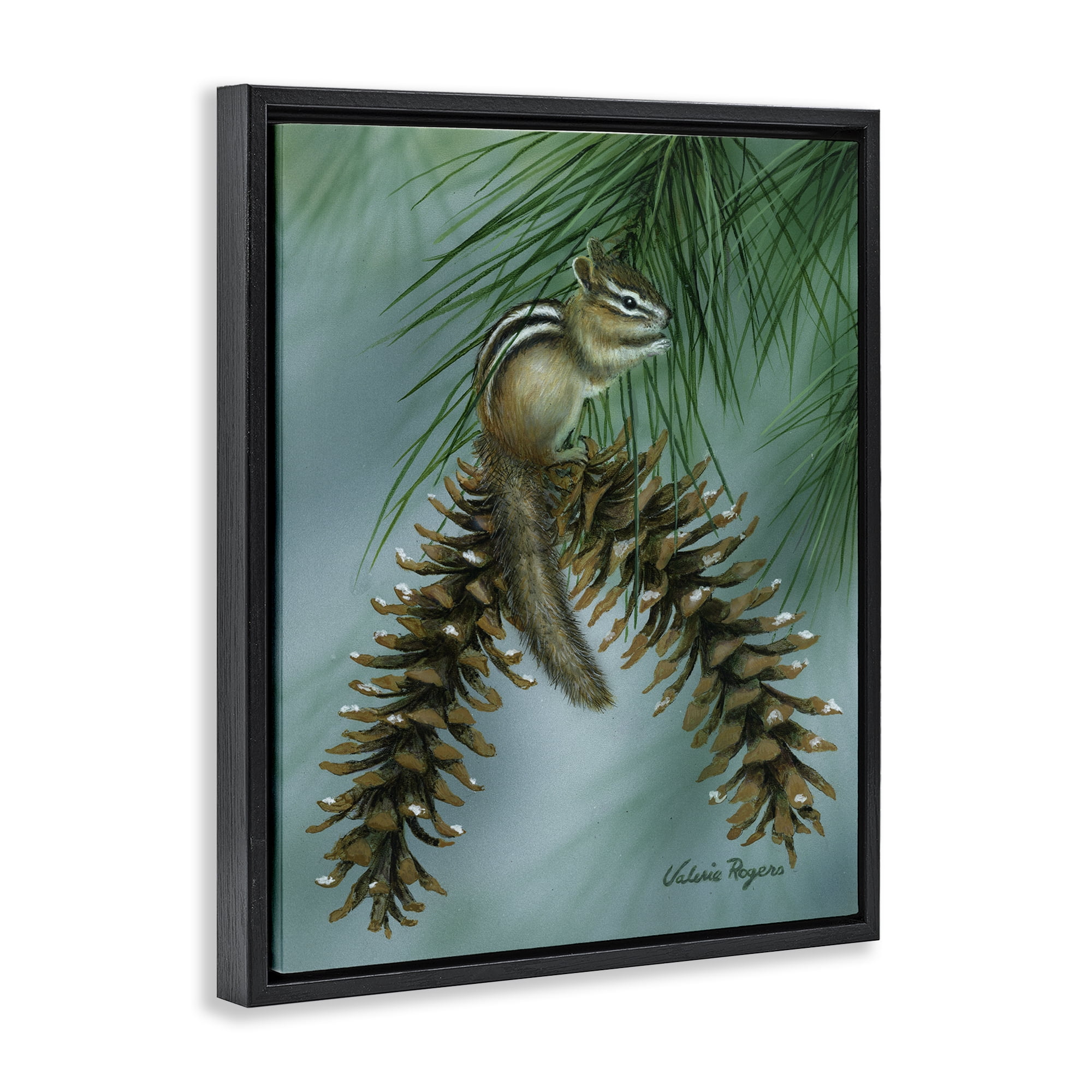 Stupell Industries Chipmunk Pine Cone Perch Animals Painting Black Floater Framed Canvas Art Print Wall Art, 17 x 21