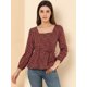 thumbnail image 3 of Blusa Allegra K de Cintura con Cinturón Y Estampado floral para mujer cuello cuadrado rojo M, 3 of 6