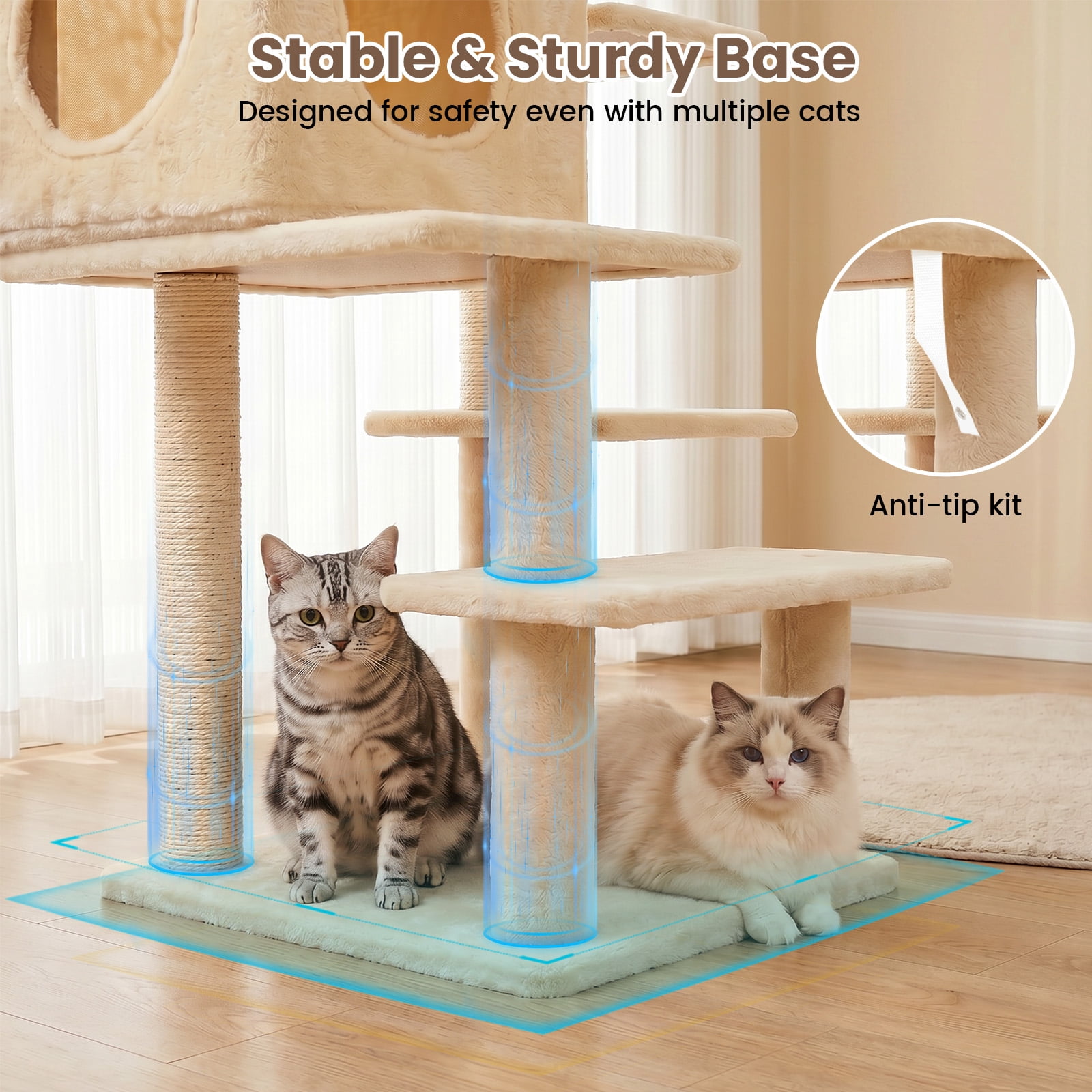 Sturdy 40-inch Cat Tree Tower with Cat Cave & Ramp Steps - Multi-Level Play & Sleep Center for Large Indoor Cats, Beige