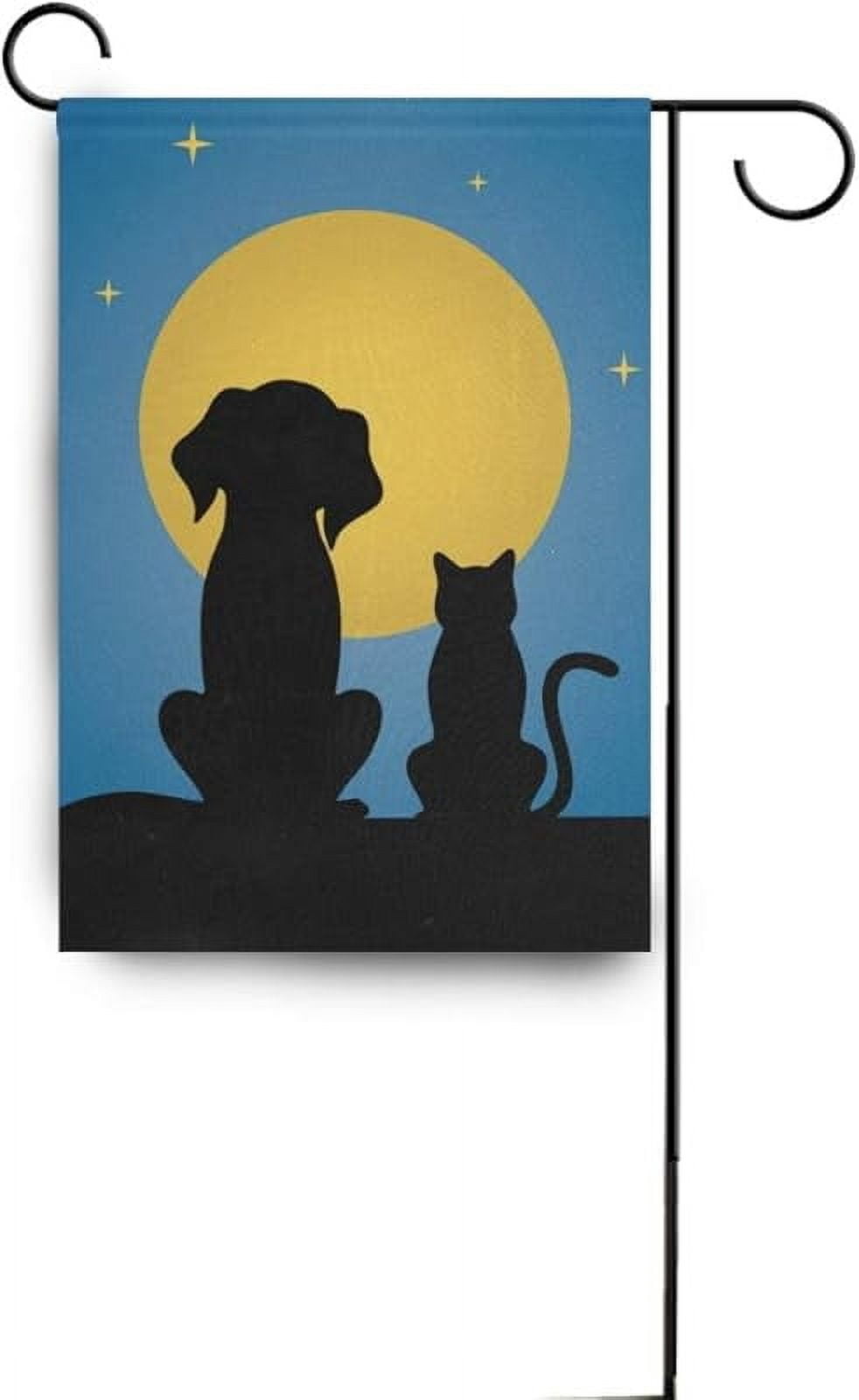 Silhouette of Dog Cat Moon Starry Night Garden Flag Small Yard Flag Double-Sided Welcome Polyester Yard Banner for Outdoor Home Decor