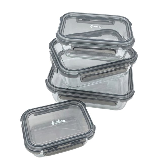 Set 4 Tuppers Contenedores Hudson Vidrio Herméticos 370ml, 640ml , 1040ml, 1520ml