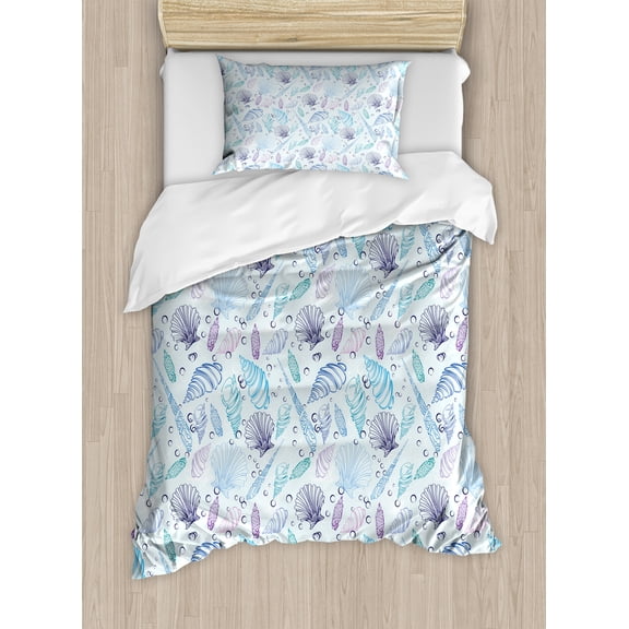 Nautical Duvet Cover Set, Various Sea Shell Pattern Underwater Bubbles Ocean Maritime Print, Decorative 2 Piece Bedding Set with 1 Pillow Shams, Twin Size, Indigo Pale Blue Purple, by Ambesonne
