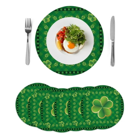 St. Patrick s Day Round Table Placemats set of 6 Green Plaid Clo-ver Pattern Washable Woven Place Mats for Dining Tables Kitchen Party Decor Heat Proof 15in