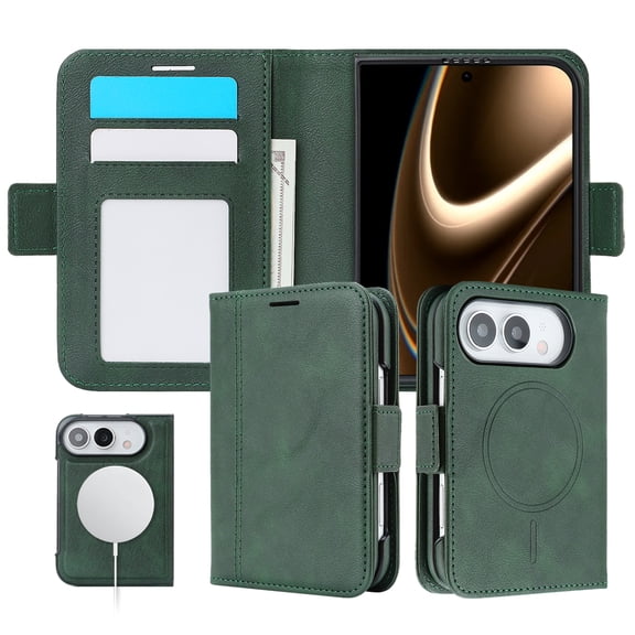 for iPhone Duo Detachable PU Leather Wallet Case, Multifunctional Rugged Full‑Body Protective Cover with 3 Card Slots & 1 Cash Pocket, Kickstand Magnetic Clasp Shockproof Phone Case, Green