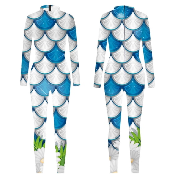 Tiweut Women Fish Scales Long Sleeve Jumpsuit Catsuit Back Zipper Full Body Rompers Bodysuit