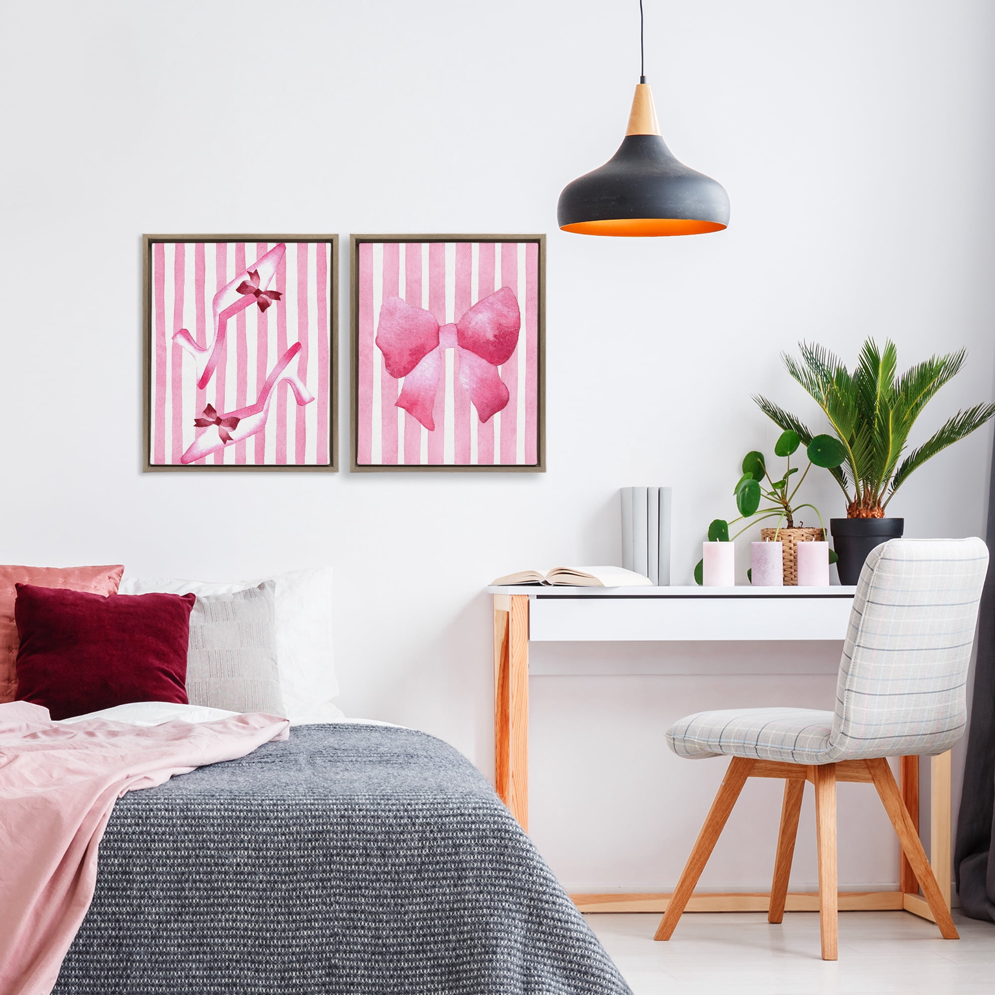 Stupell Industries Feminine Chic Bows Pink Stripes 2 Piece Brown Framed Floater Canvas Set, design by Camila Juncos