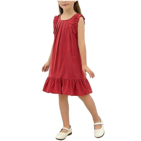 Girls Sleeveless A-Line Dress Pleated Bodice Ruffled Hem Soft Stretch Breathable Kids Kids Casual Church Summer Outfit Red,Size 7-8 T