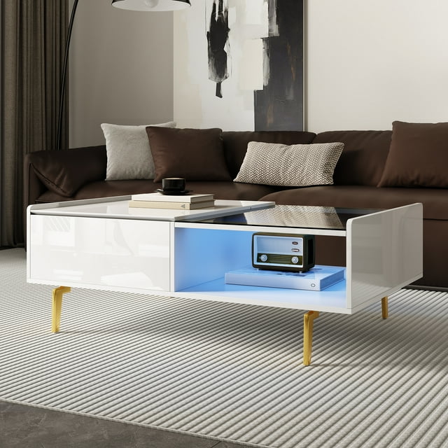 MODERNLUXE High Gloss Coffee Table with Storage,Rectangle Lift Top Coffee Table with Glass Top & LED Lights for Home Office,White