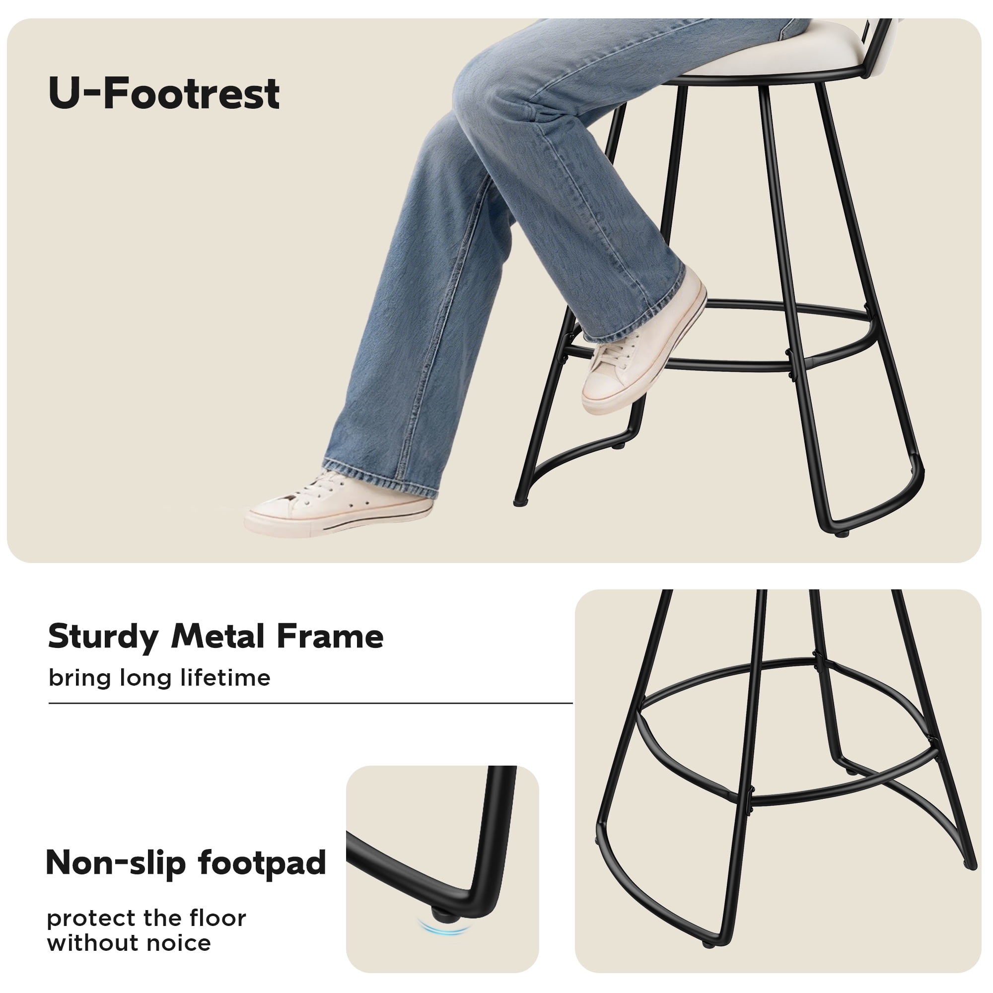 Andeworld 24'' Barstools set of 4, Modern Velvet Bar Stools with Woven Back, Counter Height Barstools with Upholstered Seating, U-Footrest, Ivory