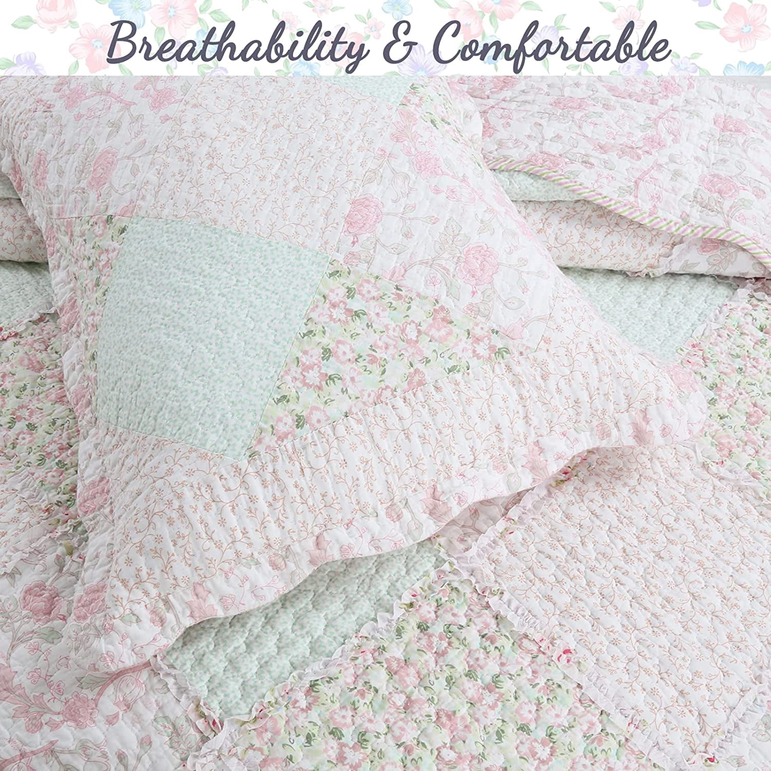 Cozy Line Pink Rosa Floral Real Patchwork 100% Cotton 2-Piece Reversible Quilt Bedding Set, Twin